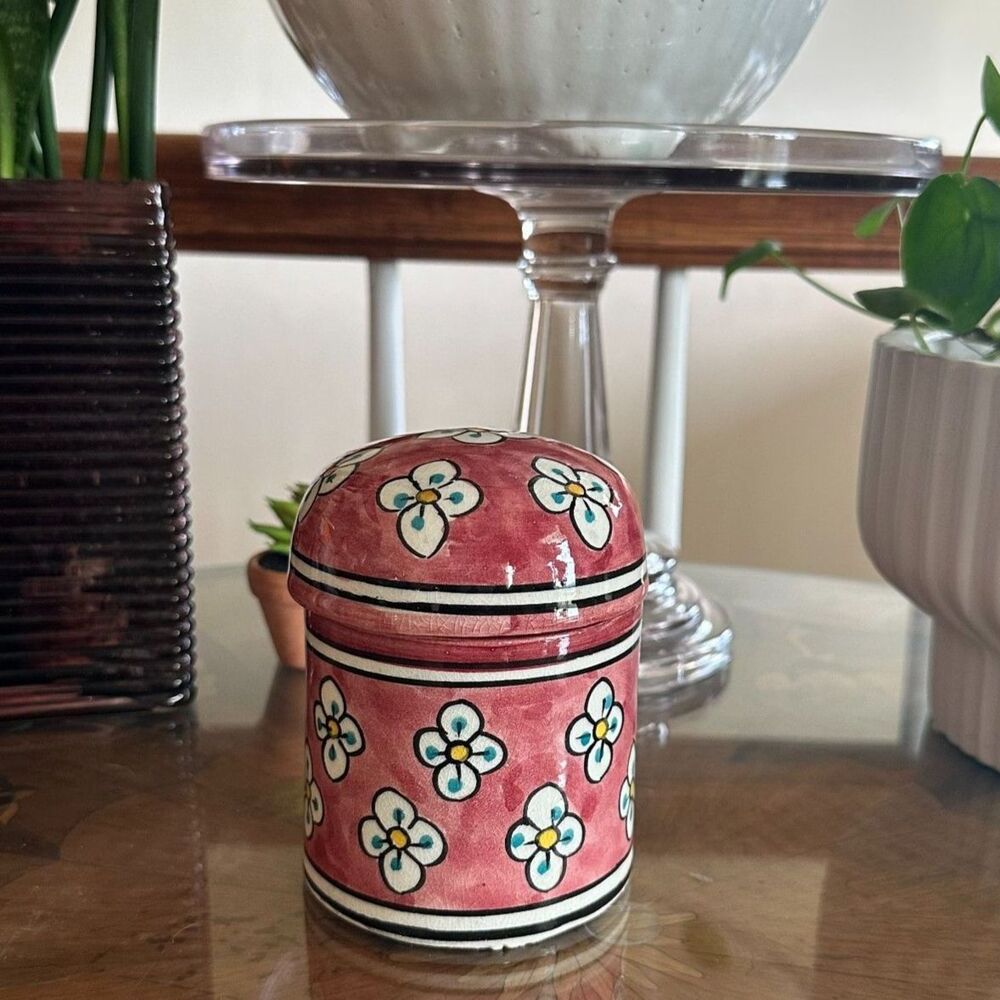 Vintage Red Floral Moroccan Pottery Lidded Jar, Hand Painted Jewelry/Trinket Box